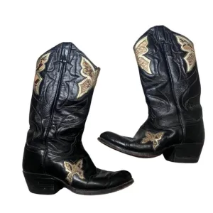 Vintage Justin Black &amp; Gold Metallic Leather Butterfly Snake Western Boots sz 7