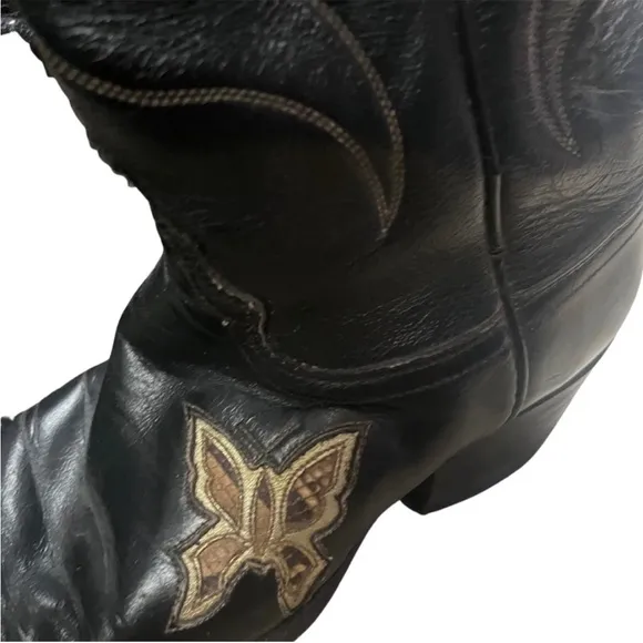 Vintage Justin Black &amp; Gold Metallic Leather Butterfly Snake Western Boots sz 7