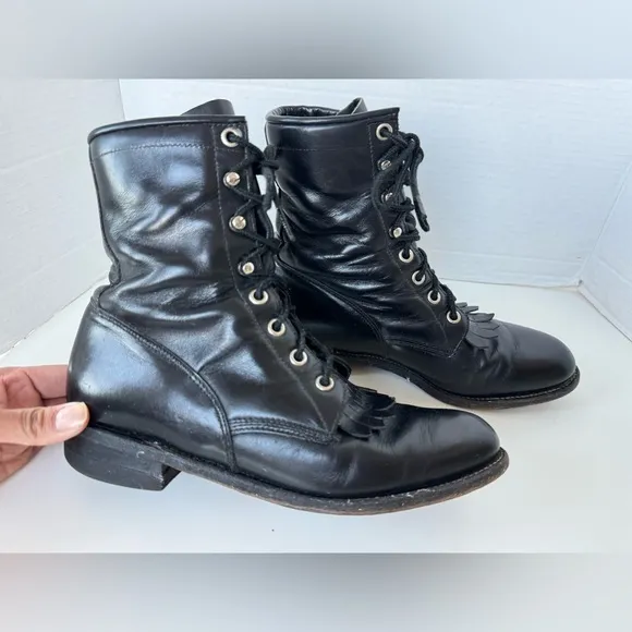 Vintage Justin Black Leather Lace Up Kiltie Western Cowgirl Boots Size 6.5 C