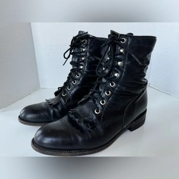 Vintage Justin Black Leather Lace Up Kiltie Western Cowgirl Boots Size 6.5 C