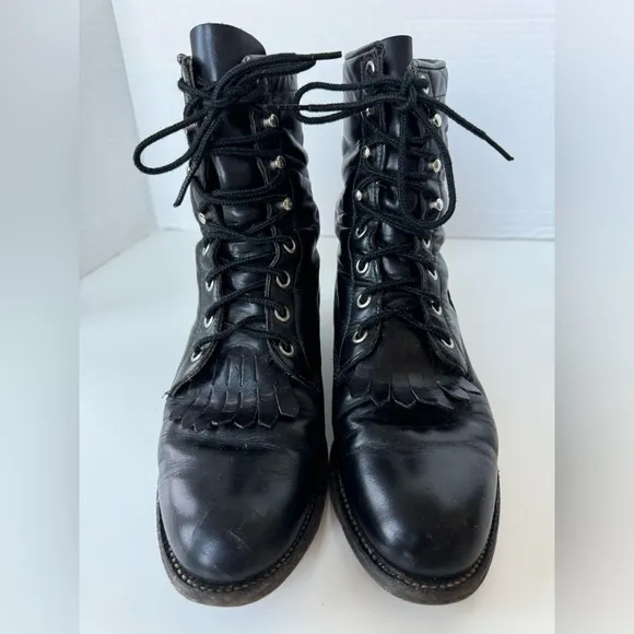 Vintage Justin Black Leather Lace Up Kiltie Western Cowgirl Boots Size 6.5 C