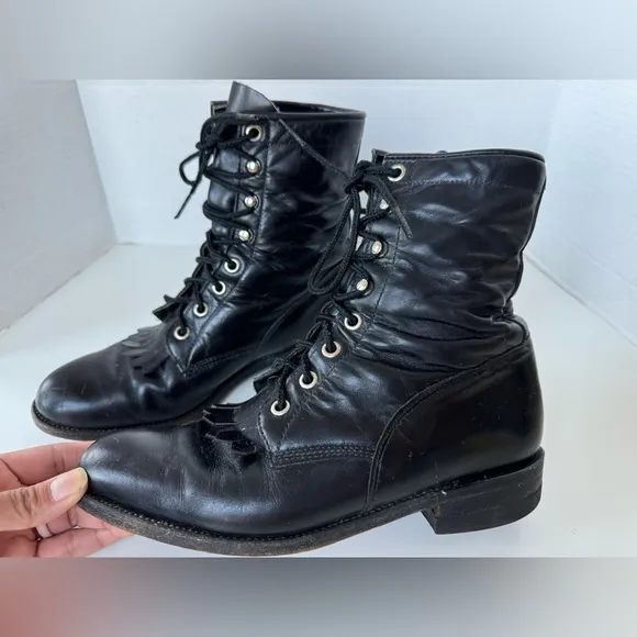 Vintage Justin Black Leather Lace Up Kiltie Western Cowgirl Boots Size 6.5 C