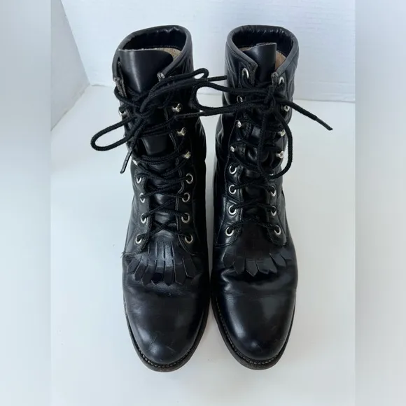 Vintage Justin Black Leather Lace Up Kiltie Western Cowgirl Boots Size 6.5 C