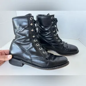 Vintage Justin Black Leather Lace Up Kiltie Western Cowgirl Boots Size 6.5 C