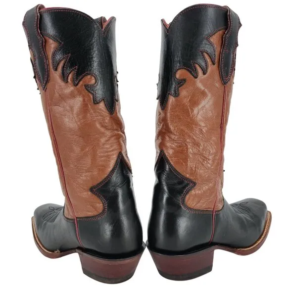 Vintage Justin Cowgirl Womens 7B Black Brown Cowboy Boots Western Square Toe