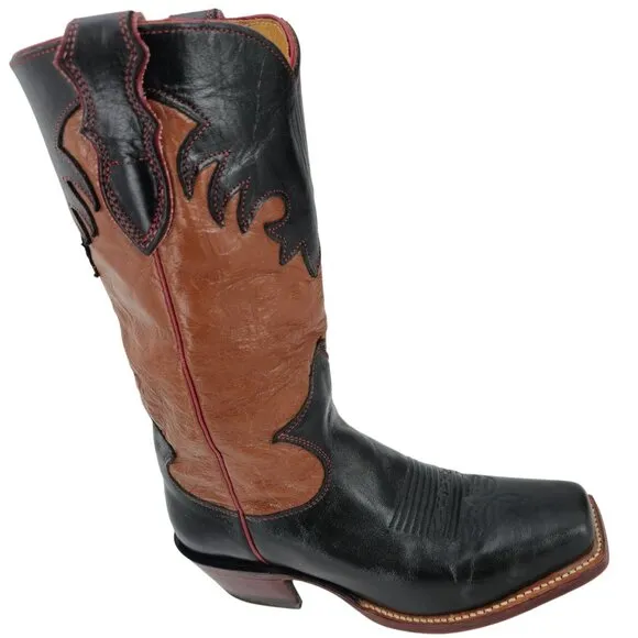 Vintage Justin Cowgirl Womens 7B Black Brown Cowboy Boots Western Square Toe