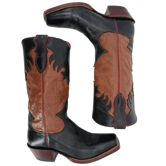 Vintage Justin Cowgirl Womens 7B Black Brown Cowboy Boots Western Square Toe