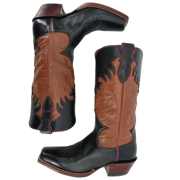 Vintage Justin Cowgirl Womens 7B Black Brown Cowboy Boots Western Square Toe