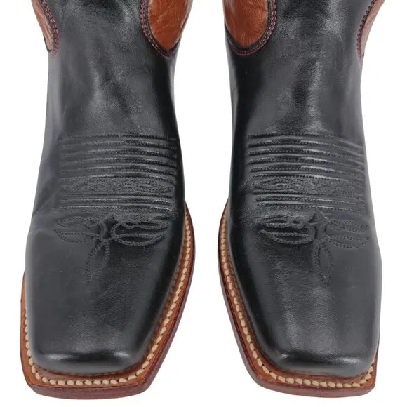 Vintage Justin Cowgirl Womens 7B Black Brown Cowboy Boots Western Square Toe