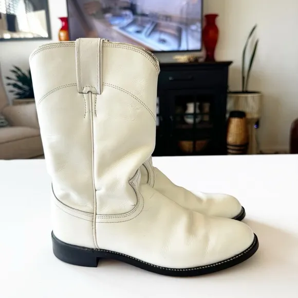 Vintage Justin Pearl White Cowgirl Roper Boots 6.5 B Made In Mexico Almond Toe