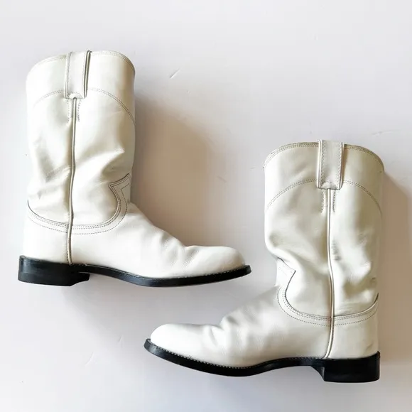 Vintage Justin Pearl White Cowgirl Roper Boots 6.5 B Made In Mexico Almond Toe