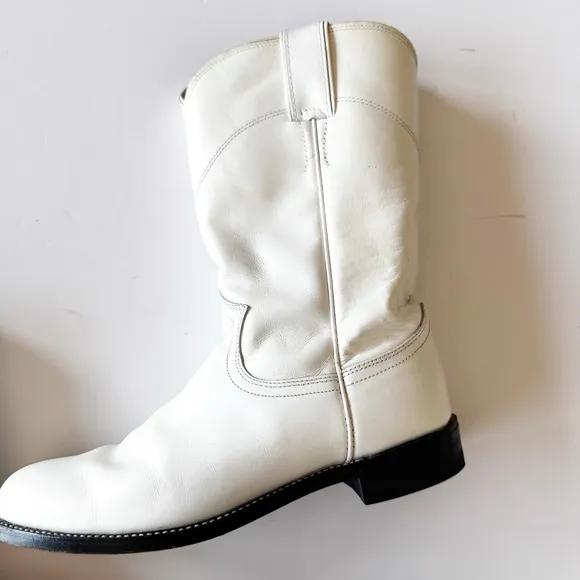 Vintage Justin Pearl White Cowgirl Roper Boots 6.5 B Made In Mexico Almond Toe