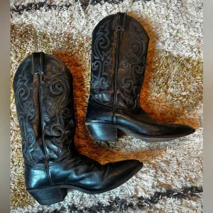 Vintage Justin Style Black Leather Pointy Toe Western Cowboy Boots! Size 7.5