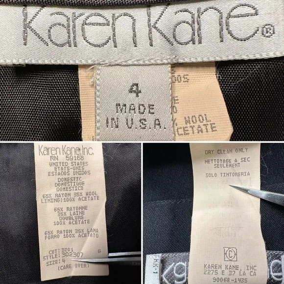 Vintage Karen Kane Black Wool Blend High Waisted Midi Pencil Skirt 90s, Size 2/4