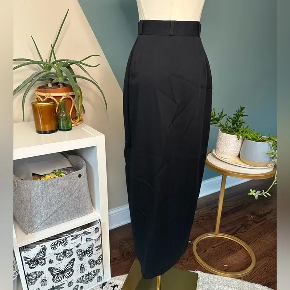Vintage Karen Kane Black Wool Blend High Waisted Midi Pencil Skirt 90s, Size 2/4