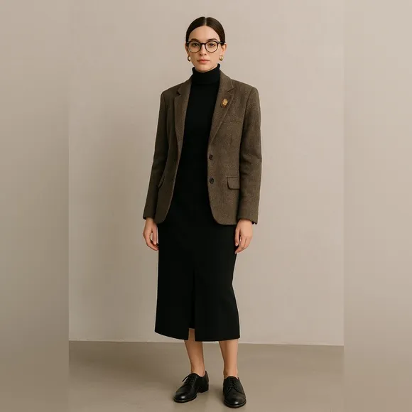 Vintage Karen Kane Black Wool Blend High Waisted Midi Pencil Skirt 90s, Size 2/4