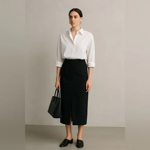 Vintage Karen Kane Black Wool Blend High Waisted Midi Pencil Skirt 90s, Size 2/4