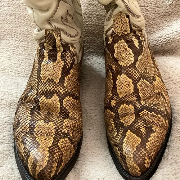 Vintage Larry Mahan Python Snake Leather Cowboy Western Boots, Womens 9.5 - 10