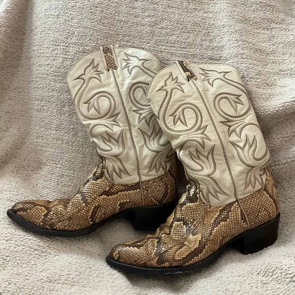 Vintage Larry Mahan Python Snake Leather Cowboy Western Boots, Womens 9.5 - 10