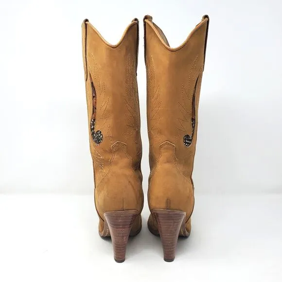 Vintage Leather Western Cowgirl Heel Boots 90s Feather Cowboy Womens Size US 7.5