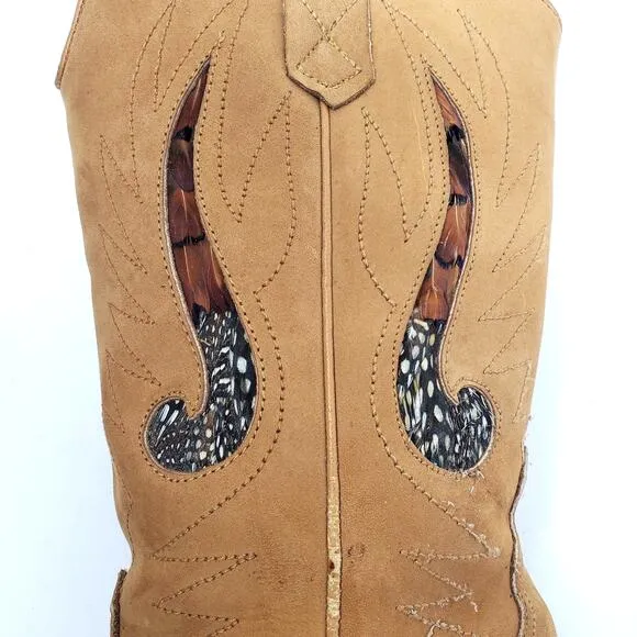 Vintage Leather Western Cowgirl Heel Boots 90s Feather Cowboy Womens Size US 7.5