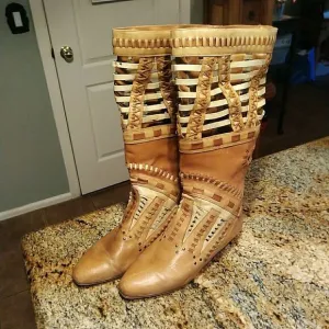 Vintage LJ Simone Tan Leather Moccasin Boots Southwest Monterey Size 9M