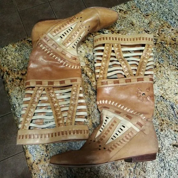 Vintage LJ Simone Tan Leather Moccasin Boots Southwest Monterey Size 9M