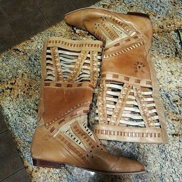 Vintage LJ Simone Tan Leather Moccasin Boots Southwest Monterey Size 9M