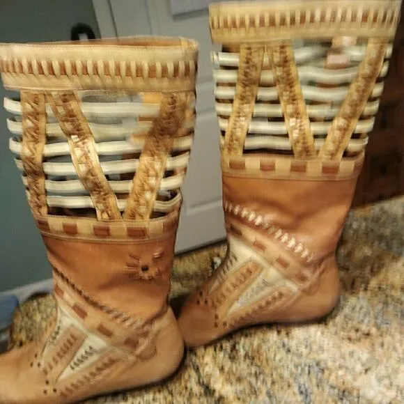 Vintage LJ Simone Tan Leather Moccasin Boots Southwest Monterey Size 9M