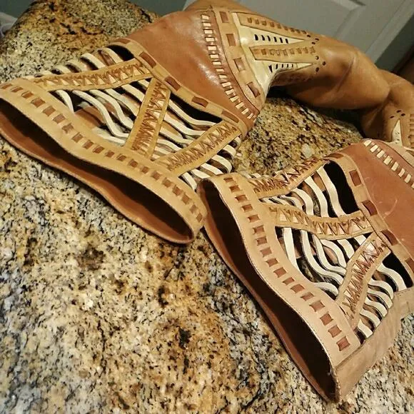 Vintage LJ Simone Tan Leather Moccasin Boots Southwest Monterey Size 9M