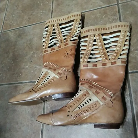 Vintage LJ Simone Tan Leather Moccasin Boots Southwest Monterey Size 9M