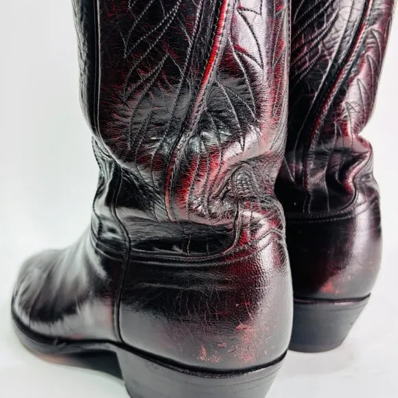 Vintage Lucchese Black Cherry Burgundy Embroidered Boots 9.5 D Gorgeous