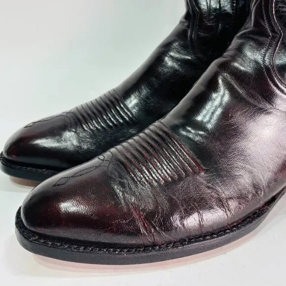 Vintage Lucchese Black Cherry Burgundy Embroidered Boots 9.5 D Gorgeous