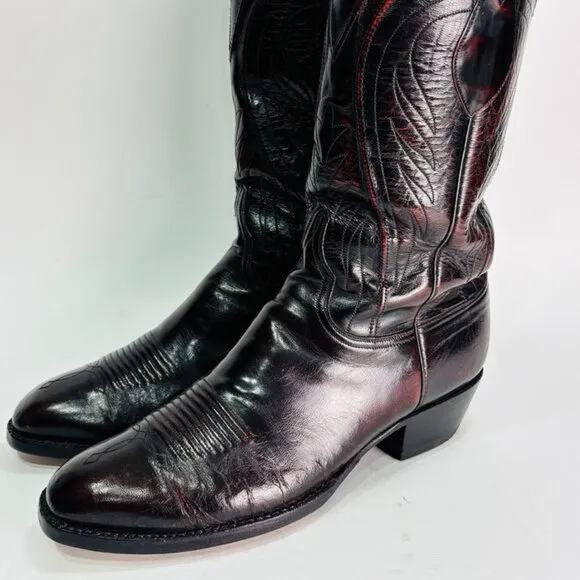 Vintage Lucchese Black Cherry Burgundy Embroidered Boots 9.5 D Gorgeous