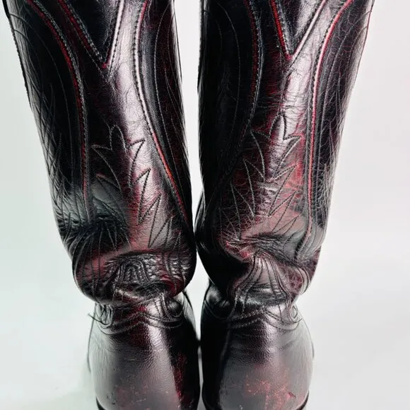 Vintage Lucchese Black Cherry Burgundy Embroidered Boots 9.5 D Gorgeous