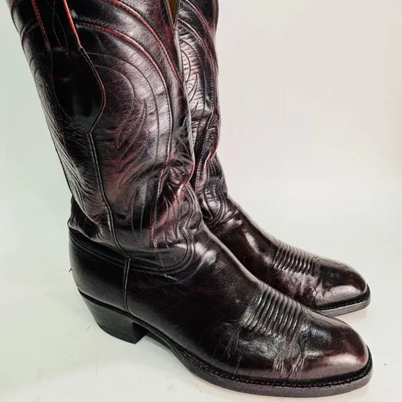 Vintage Lucchese Black Cherry Burgundy Embroidered Boots 9.5 D Gorgeous