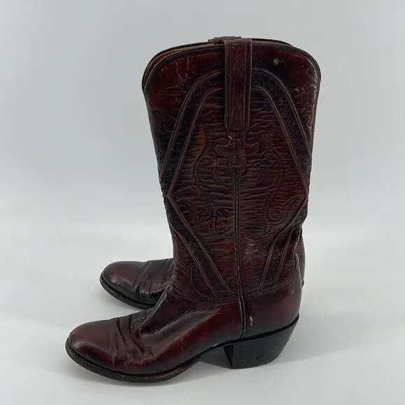 Vintage Lucchese black cherry leather western roper rodeo cowboy boots sz 6.5A