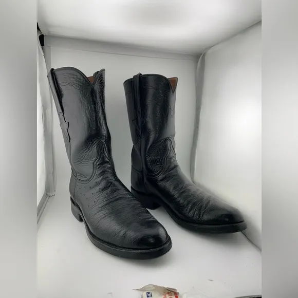 Vintage Lucchese Black Ostrich Smooth Quill Roper Exotic Boots Size 8.5 D​​