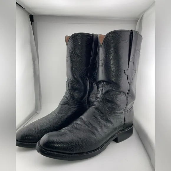 Vintage Lucchese Black Ostrich Smooth Quill Roper Exotic Boots Size 8.5 D​​