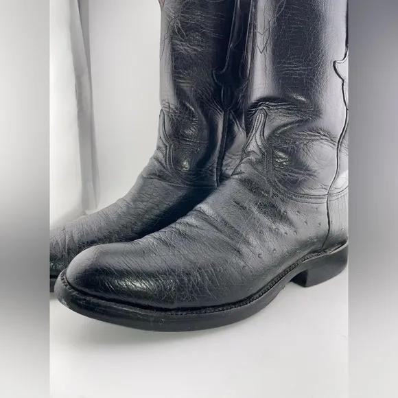 Vintage Lucchese Black Ostrich Smooth Quill Roper Exotic Boots Size 8.5 D​​