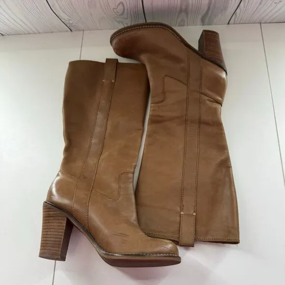 Vintage Lucky Boots Womens 6.5  Tan Leather 90s Y2K Almond Toe Wooden Heel