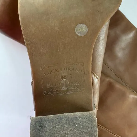 Vintage Lucky Boots Womens 6.5  Tan Leather 90s Y2K Almond Toe Wooden Heel