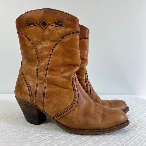 Vintage Made in Romania Women's 6 Tan Brown Leather Cowgirl Western Cowboy Boots