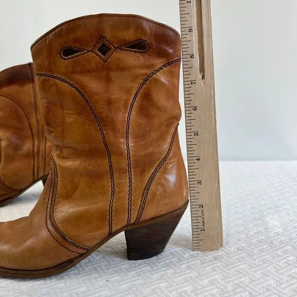 Vintage Made in Romania Women's 6 Tan Brown Leather Cowgirl Western Cowboy Boots
