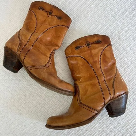 Vintage Made in Romania Women's 6 Tan Brown Leather Cowgirl Western Cowboy Boots