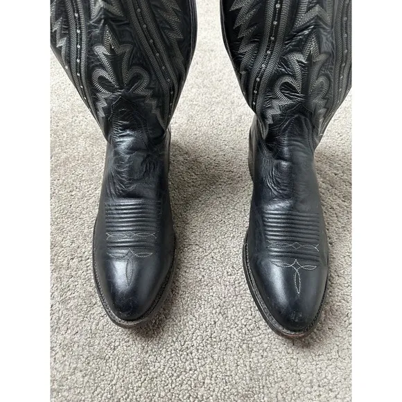 VINTAGE Mens 90s LUCCHESE T3010R4 BLACK LEATHER COWBOY BOOTS, Size US 10