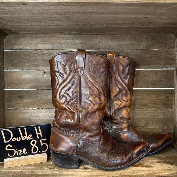 Vintage Mens Double H‎ 1261 Brown Leather Western Cowboy Boots Size 8.5 EE GUC