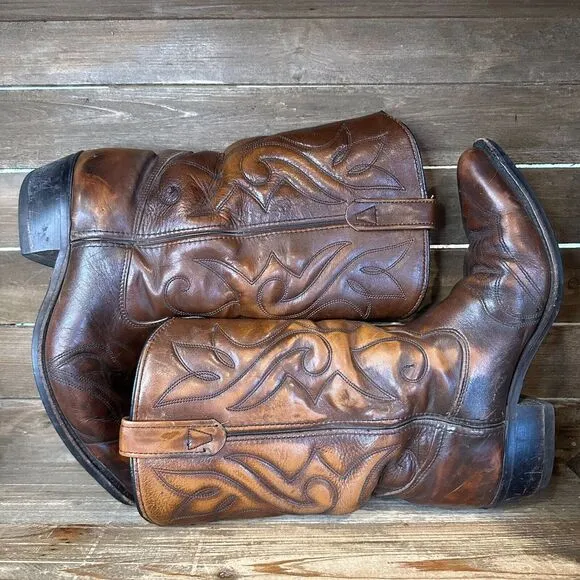 Vintage Mens Double H‎ 1261 Brown Leather Western Cowboy Boots Size 8.5 EE GUC