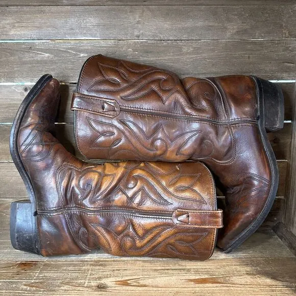 Vintage Mens Double H‎ 1261 Brown Leather Western Cowboy Boots Size 8.5 EE GUC