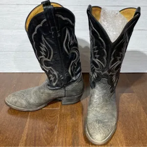 vintage Men’s Tony Lama Cowboy Boots leather 7.5 D, 2 tone black gray texture